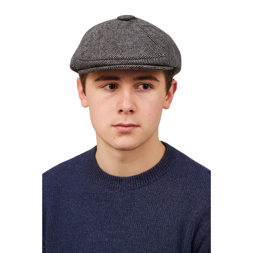 Vintage Black‎ Striped Wool Button Top Newsboy Cap
